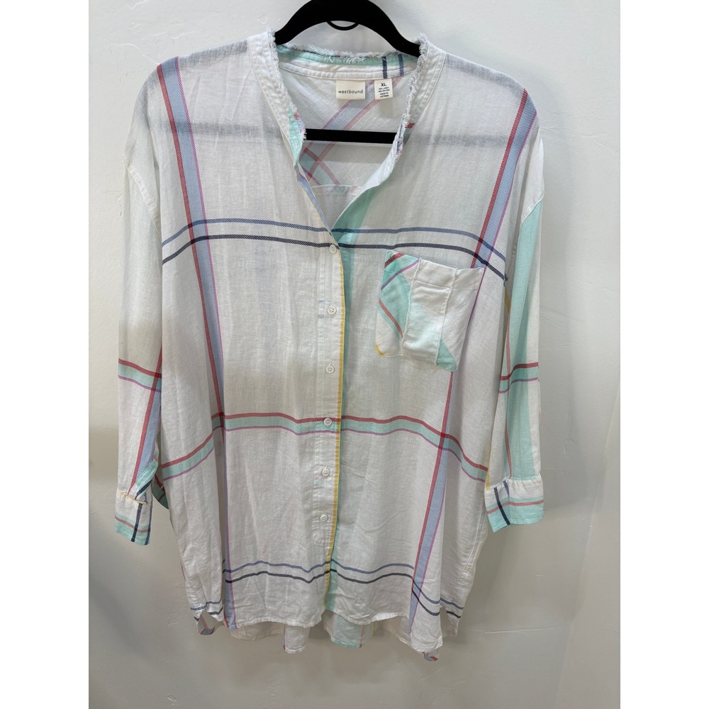 Westbound Womens XL Linen Rayon Plaid Button Down Shirt 3/4 Sleeve Raw Edge